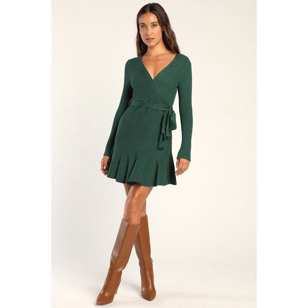 NWOT! Lulus Warm Emotions Emerald Green Skater Mini Sweater Dress - Size S